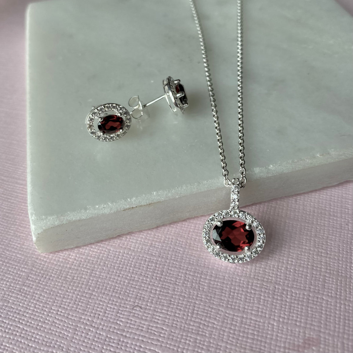 Silver Oval Garnet & CZ Halo Earrings