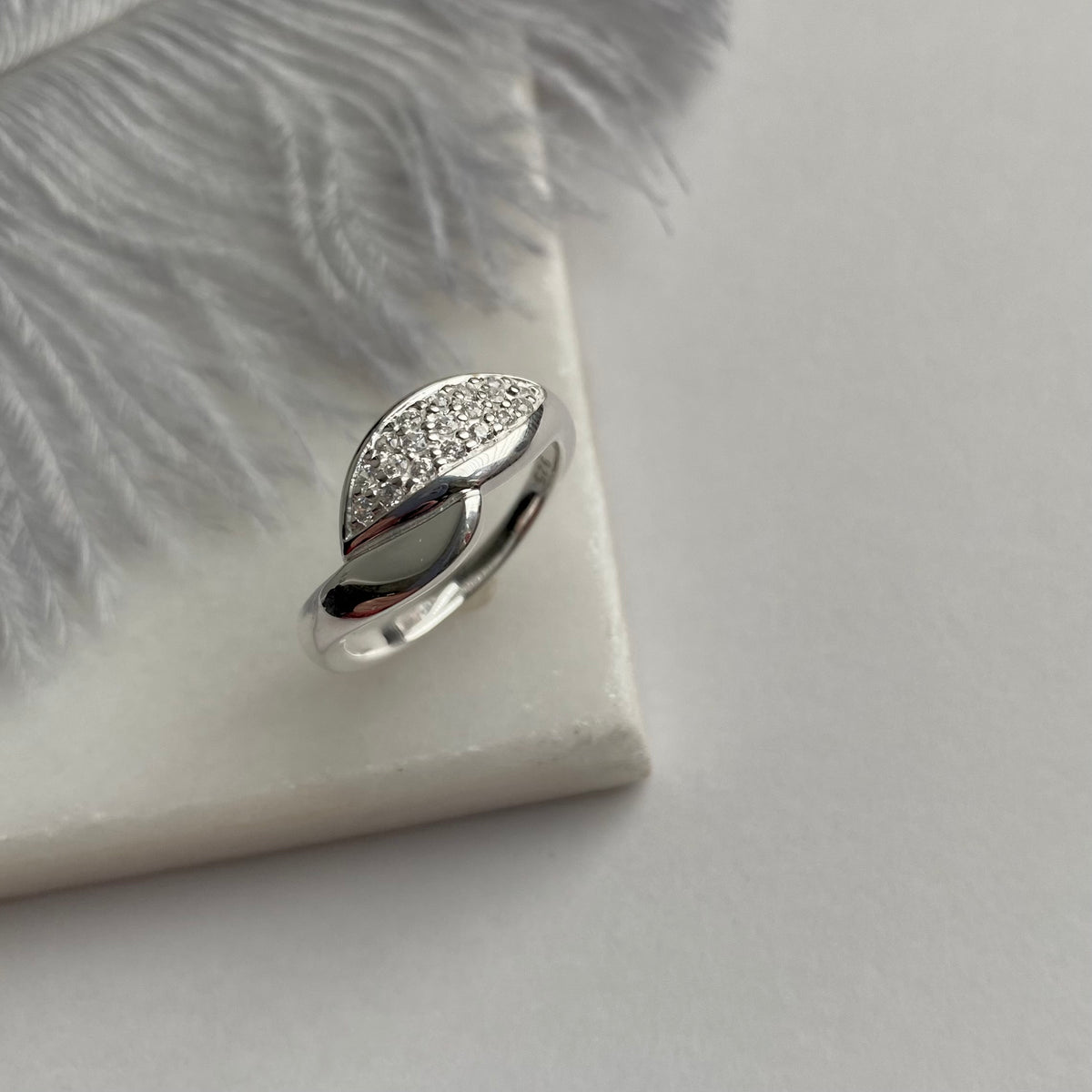 925 Silver Double Leaf Shape Half CZ Pave Set Ring