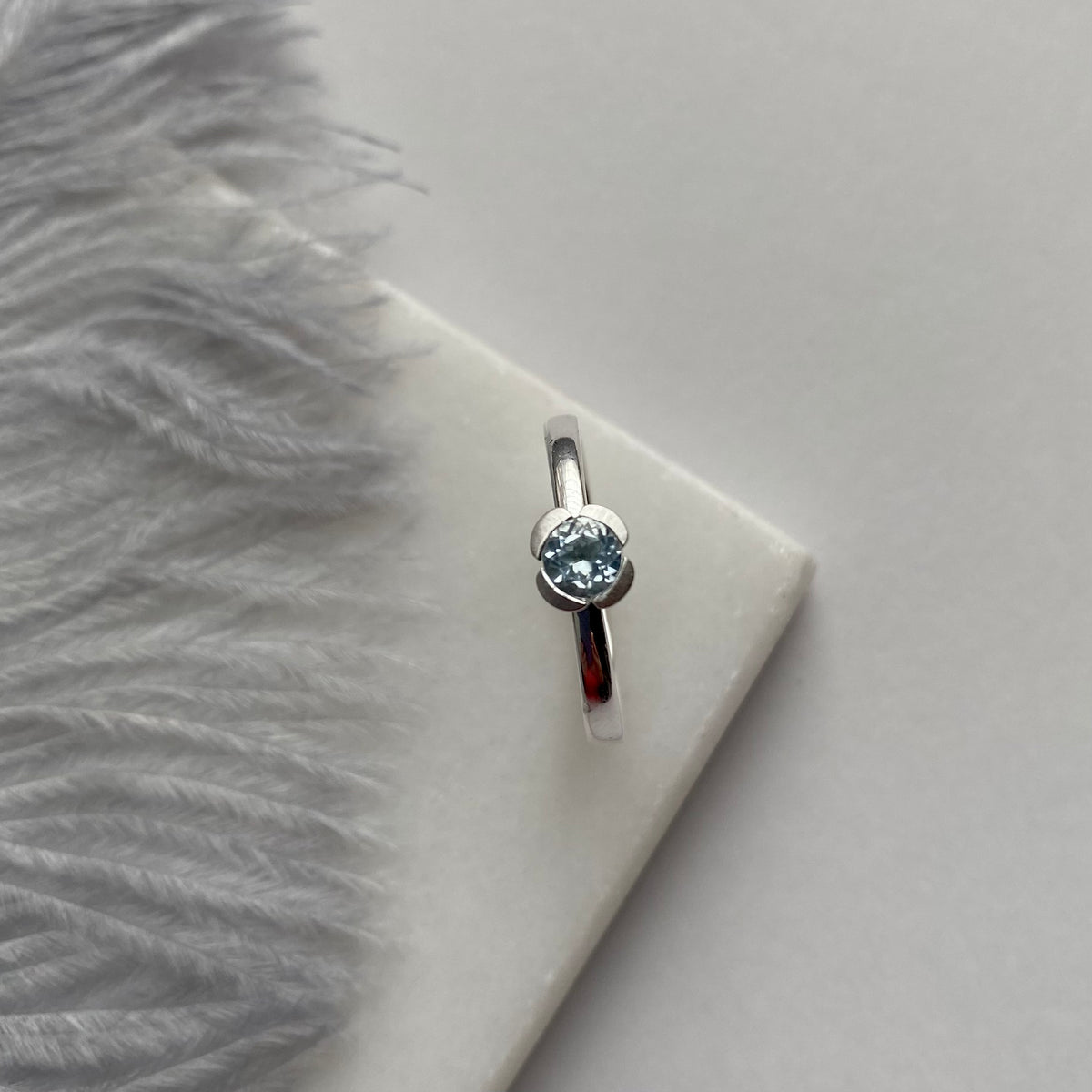 Silver 925 Mini Flower Style Satin Finish Blue Topaz Set Ring