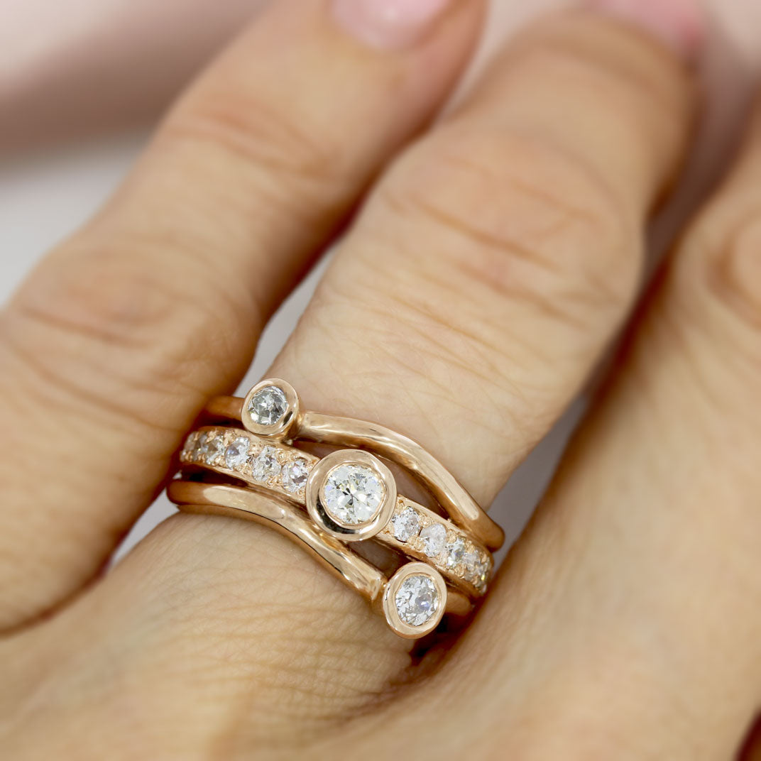 9ct Rose Gold 3 Row Diamond Bubble Ring 0.82ct