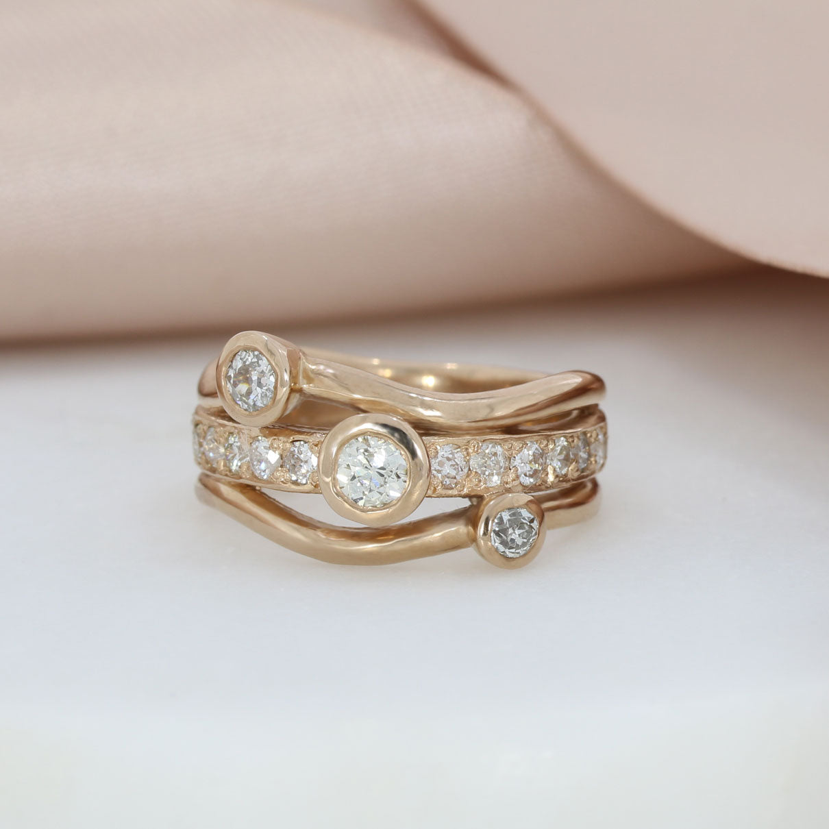 9ct Rose Gold 3 Row Diamond Bubble Ring 0.82ct