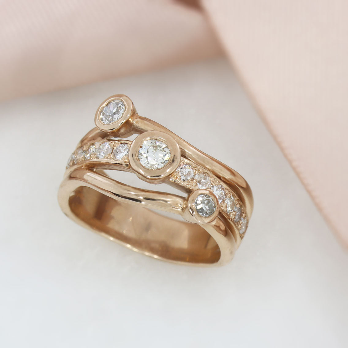 9ct Rose Gold 3 Row Diamond Bubble Ring 0.82ct