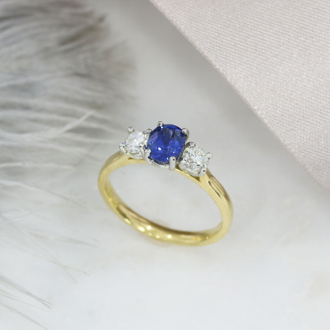 18ct Yellow Gold Sapphire & Diamond 3 Stone Ring