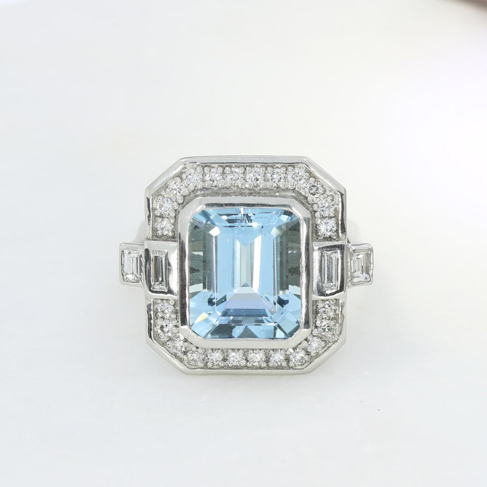 Aquamarine Dress Ring with Pave Set Diamond Halo Surround & Baguette Diamond Shoulders
