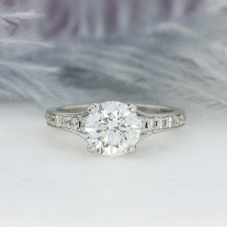 Pre Owned Certified Platinum 1.51ct Diamond Solitaire Ring with Pave Set Shoulders 0.24ct