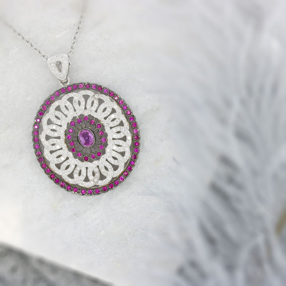 Pre Owned 18ct Ruby & Diamond Fancy Large Deco Style Pendant