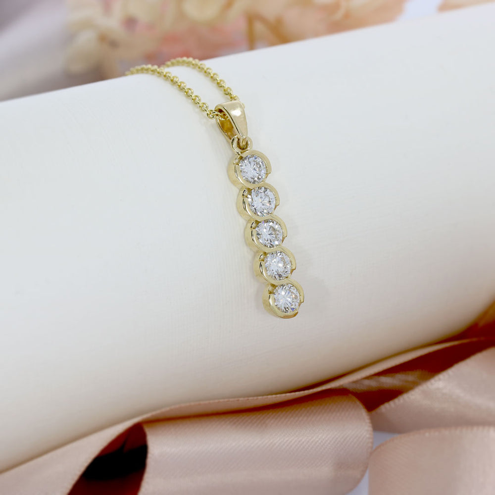 9ct Yellow Gold Rubover Set Round Lab Grown Diamond 5 Stone Drop Pendant 1.61ct 18inch