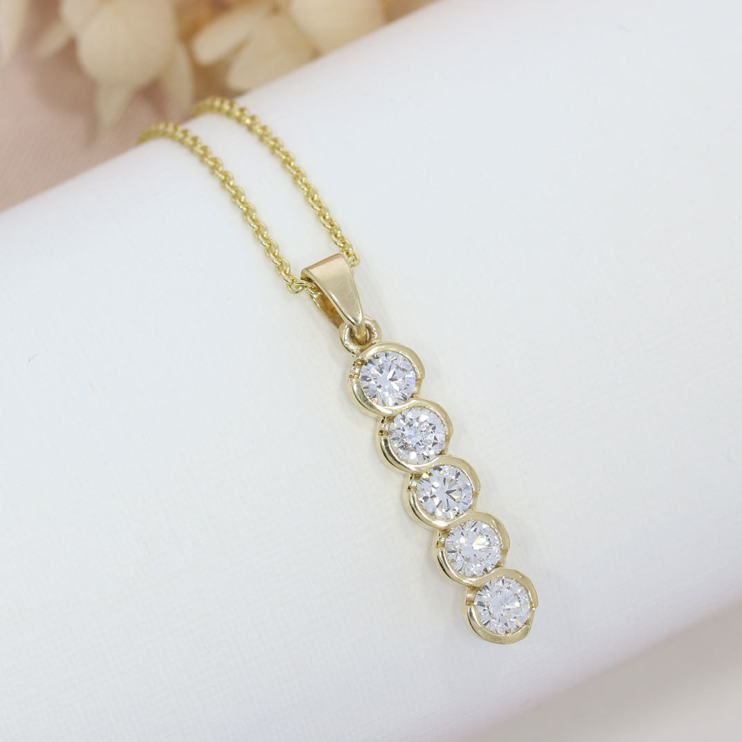 9ct Yellow Gold Rubover Set Round Lab Grown Diamond 5 Stone Drop Pendant 1.61ct 18inch