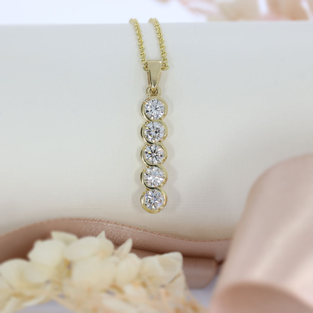 9ct Yellow Gold Rubover Set Round Lab Grown Diamond 5 Stone Drop Pendant 1.61ct 18inch