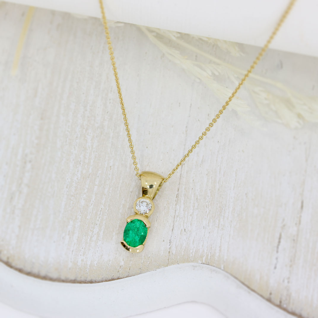 18ct Emerald & Diamond Two Stone Pendant on 18ct 18" Anchor Chain