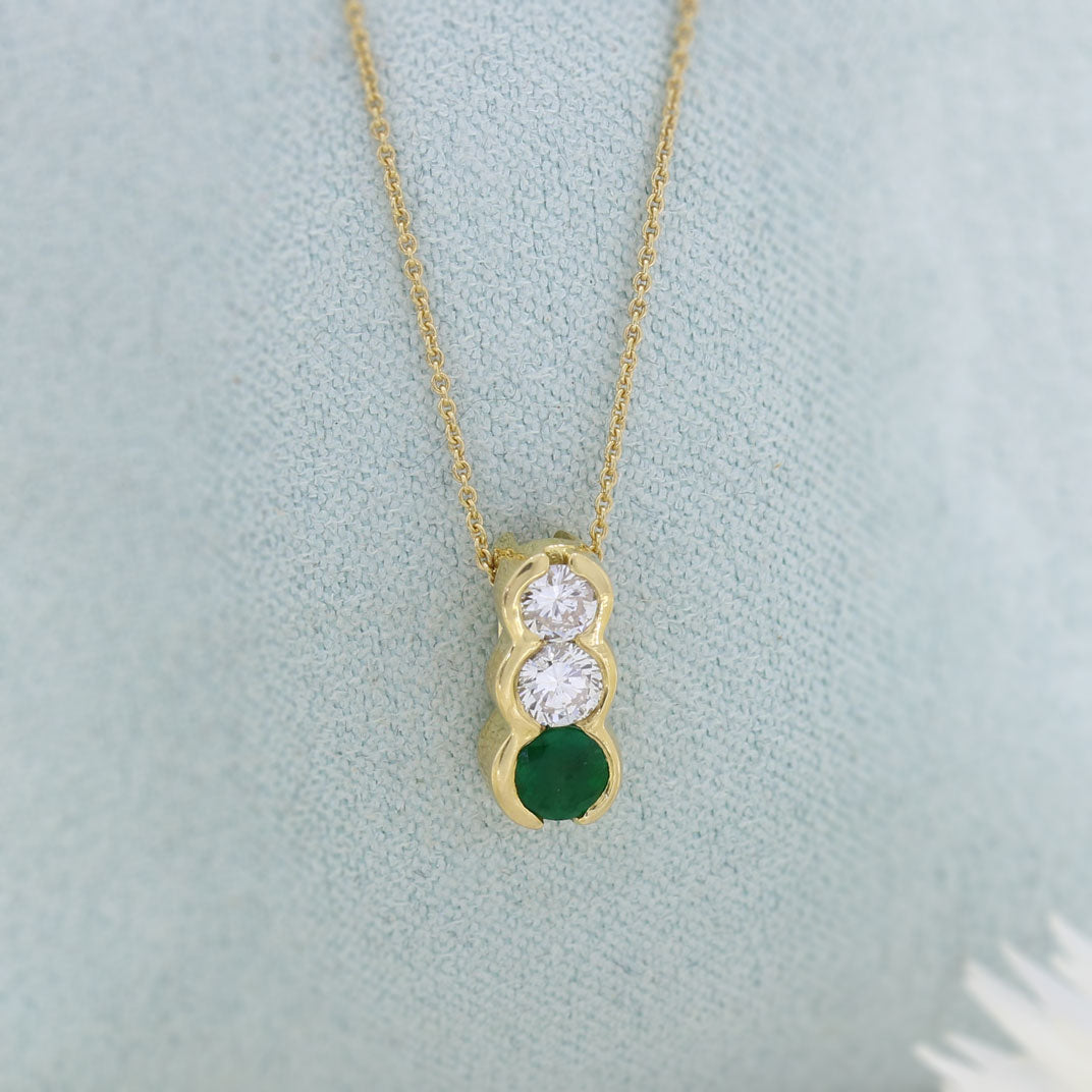 18ct Yellow Gold Emerald & Diamond 3 Stone Pendant on a 18ct Gold 18" Chain