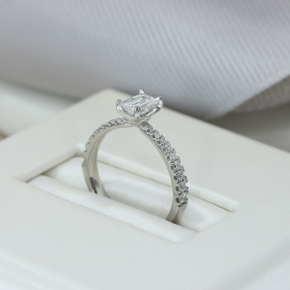 Platinum Certified Emerald Cut Diamond Solitaire Ring Pave Set Diamond Shoulders Total 0.77ct