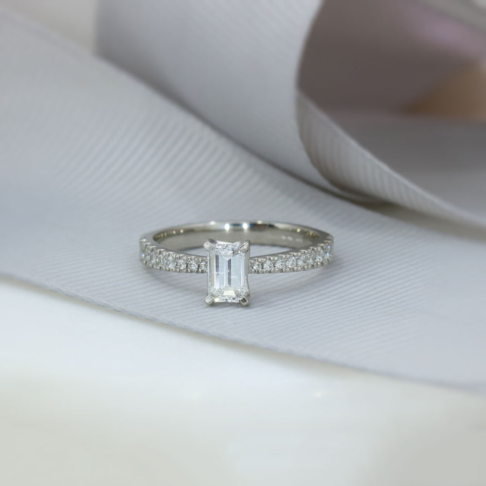 Platinum Certified Emerald Cut Diamond Solitaire Ring Pave Set Diamond Shoulders Total 0.77ct