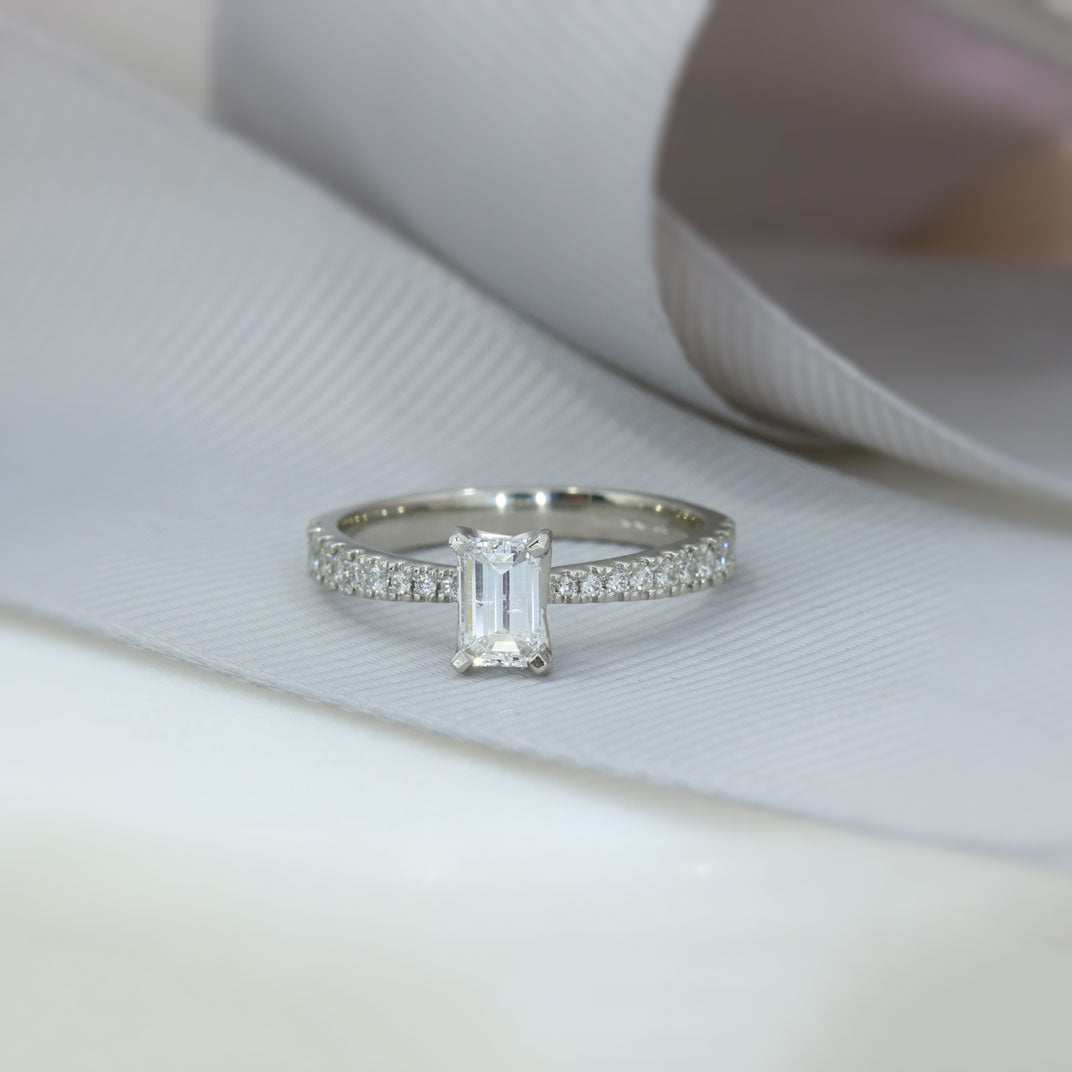 Platinum Certified Emerald Cut Diamond Solitaire Ring Pave Set Diamond Shoulders Total 0.77ct