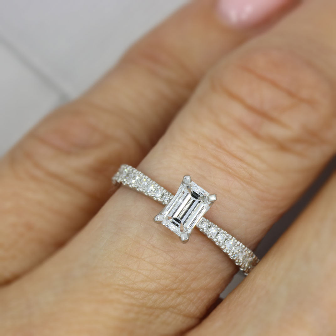 Platinum Certified Emerald Cut Diamond Solitaire Ring Pave Set Diamond Shoulders Total 0.77ct