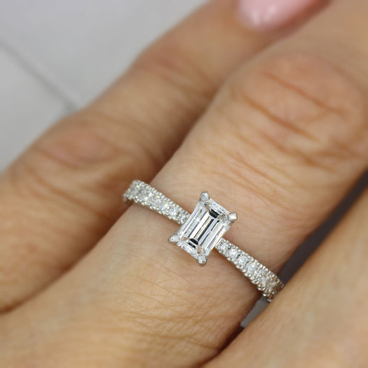 Platinum Certified Emerald Cut Diamond Solitaire Ring Pave Set Diamond Shoulders Total 0.77ct