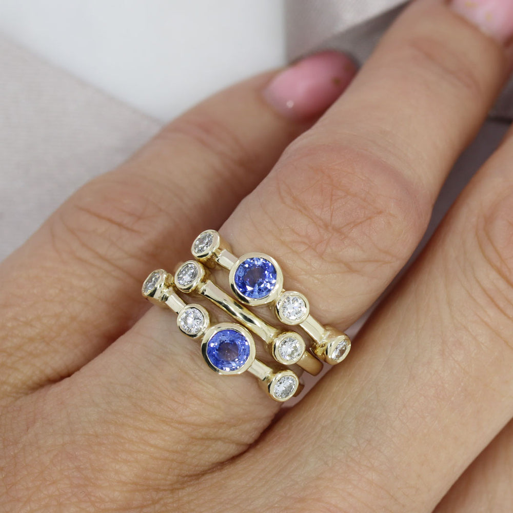 9ct Yellow Gold Sapphire & Diamond 3 Row Bubble Ring