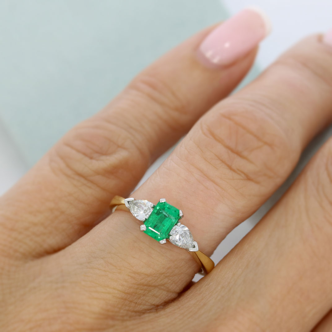 18ct Yellow Gold & Platinum Octagonal Emerald & Pear Shape Diamond 3 Stone Ring