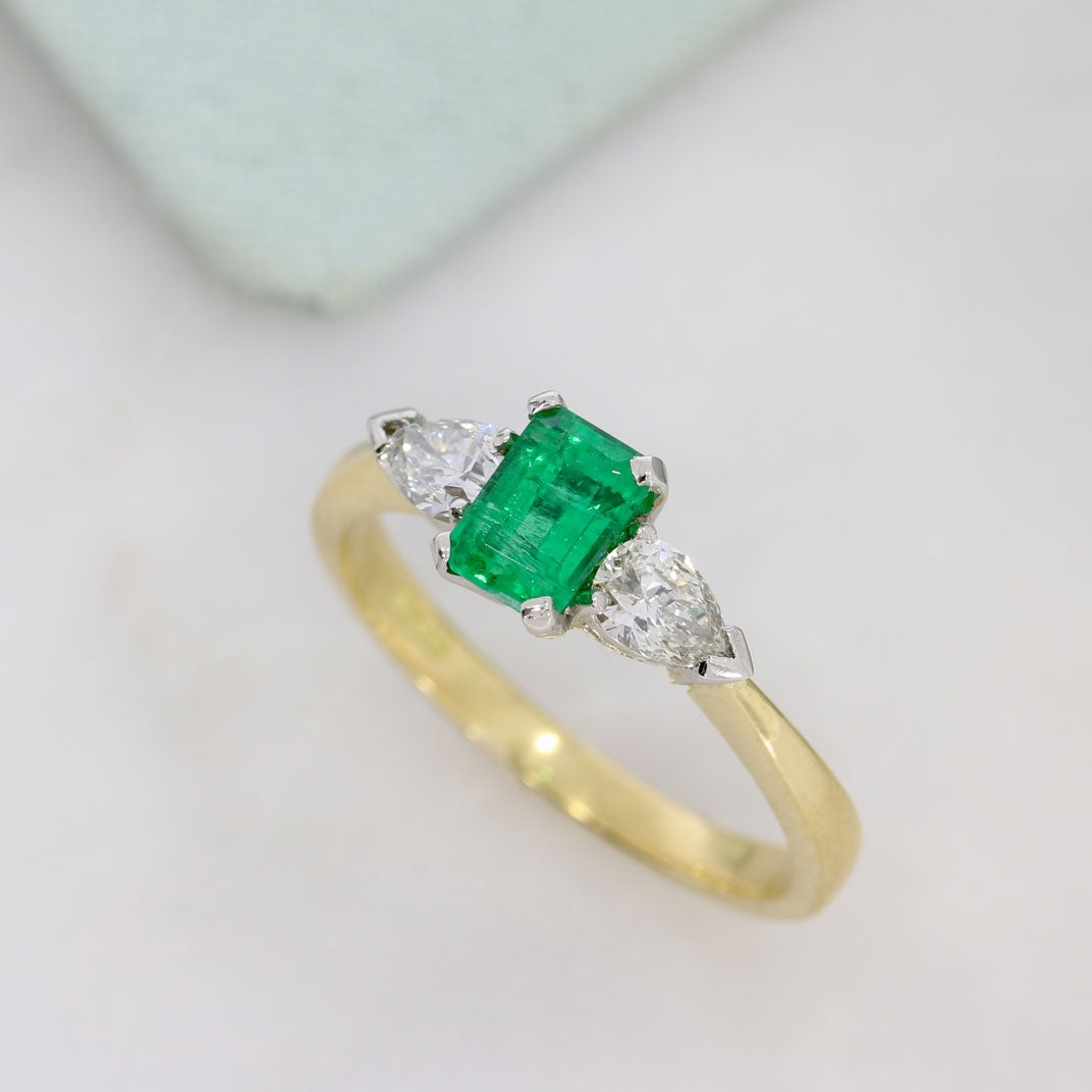 18ct Yellow Gold & Platinum Octagonal Emerald & Pear Shape Diamond 3 Stone Ring