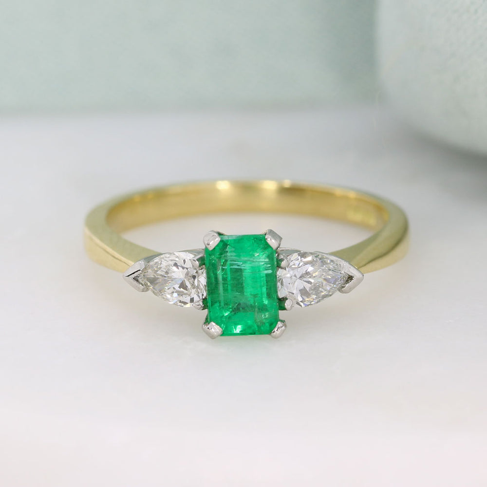 18ct Yellow Gold & Platinum Octagonal Emerald & Pear Shape Diamond 3 Stone Ring