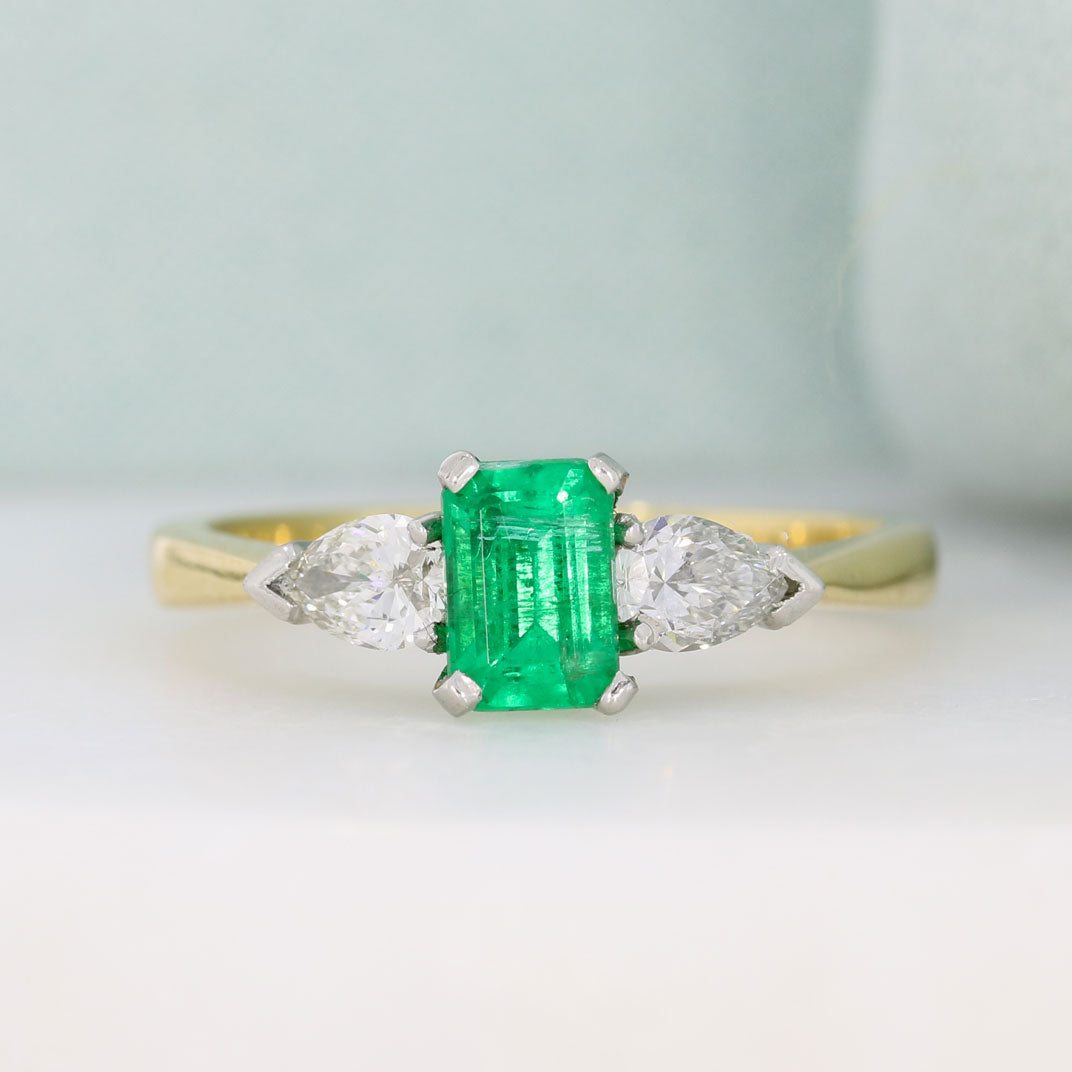 18ct Yellow Gold & Platinum Octagonal Emerald & Pear Shape Diamond 3 Stone Ring