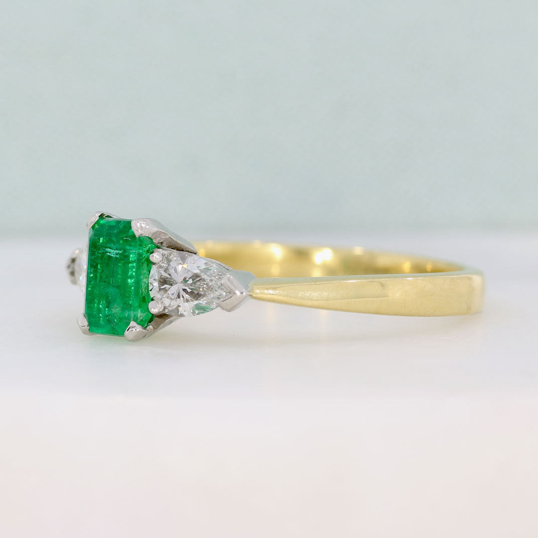 18ct Yellow Gold & Platinum Octagonal Emerald & Pear Shape Diamond 3 Stone Ring