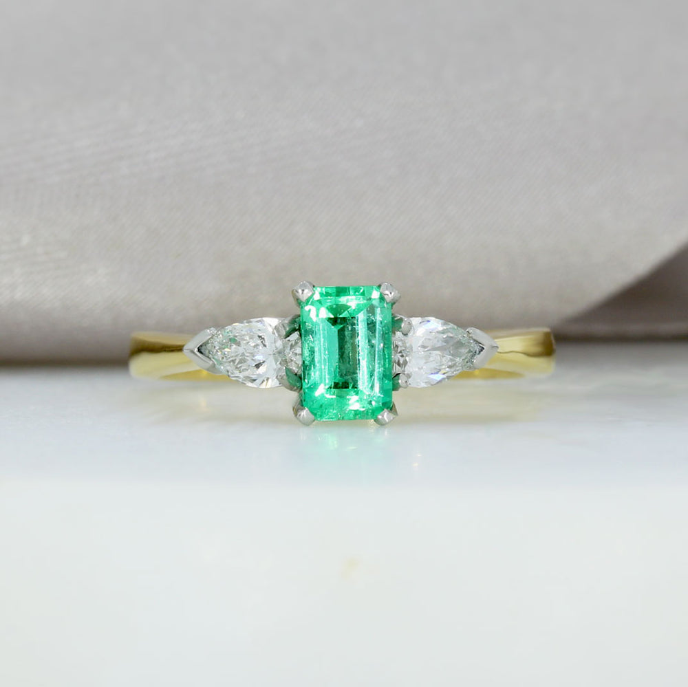 18ct Yellow Gold Platinum Octagonal Emerald & Pear Shape Diamond Ring
