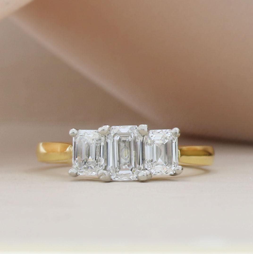 18ct Yellow Laboratory Grown Emerald Cut Diamond 3 Stone Ring Approx 1.70ct