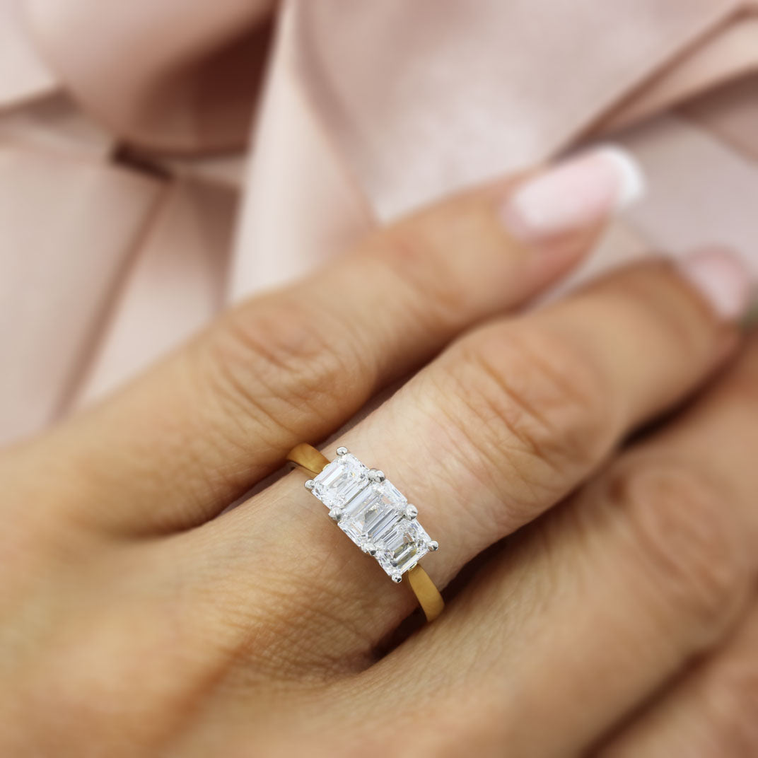 18ct Yellow Laboratory Grown Emerald Cut Diamond 3 Stone Ring Approx 1.70ct