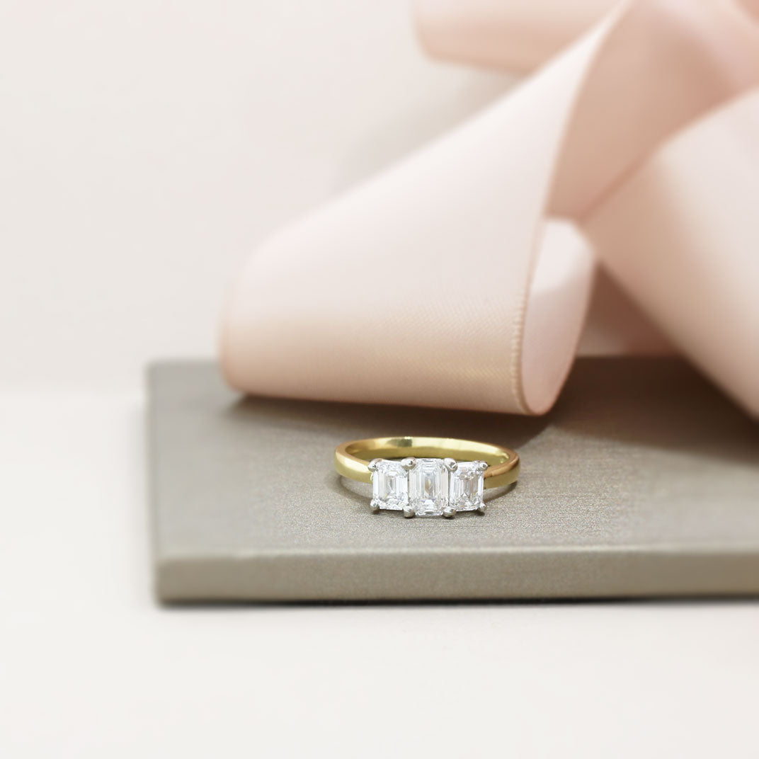 18ct Yellow Laboratory Grown Emerald Cut Diamond 3 Stone Ring Approx 1.70ct