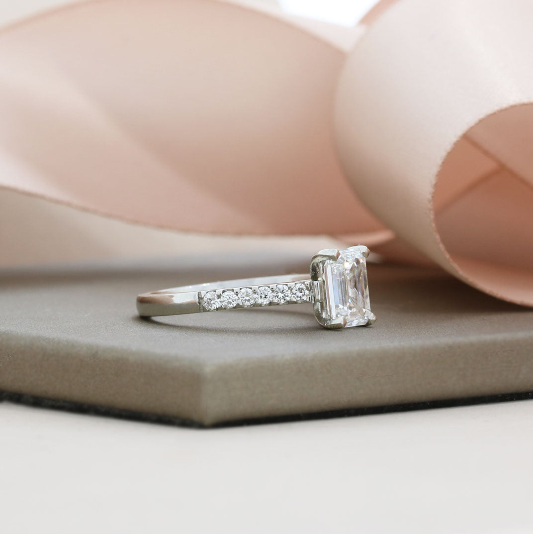 Platinum Lab Grown Emerald Cut Diamond Solitaire Ring & Shoulder Stones Approx 1.40ct