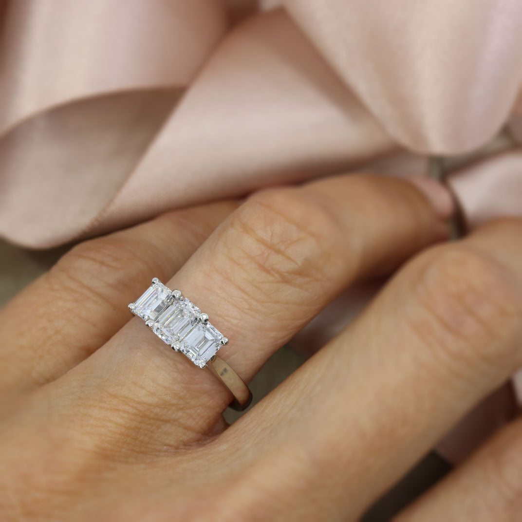 Platinum Emerald Cut 3 Stone Lab Grown Diamond Ring Approx 1.70ct