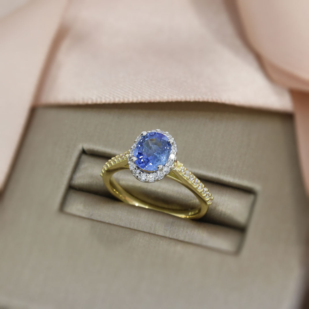 18ct Gold Sapphire & Lab Grown Diamond Halo Ring