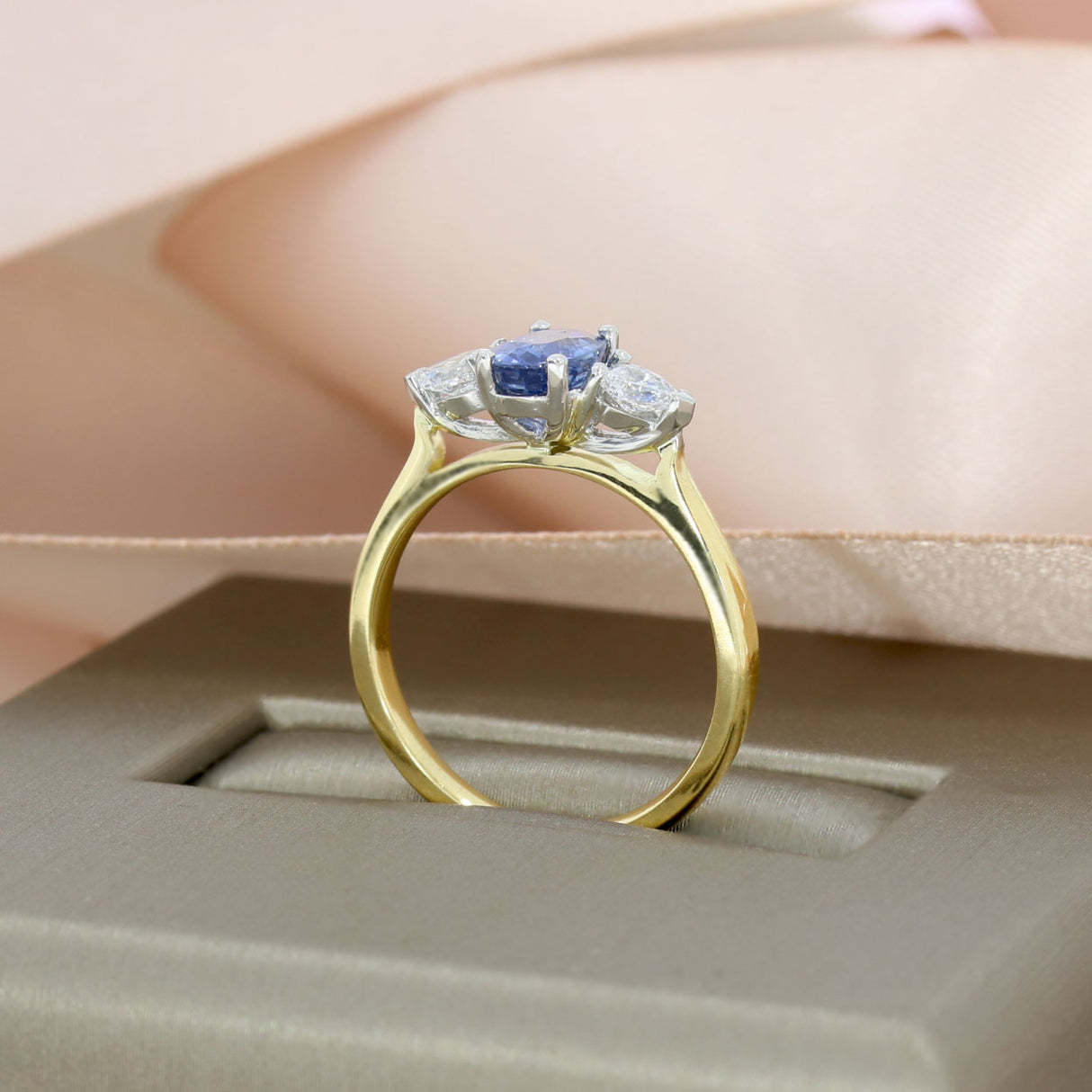 18ct Gold Sapphire & Lab Grown Pear Shaped Diamond 3 Stone Ring