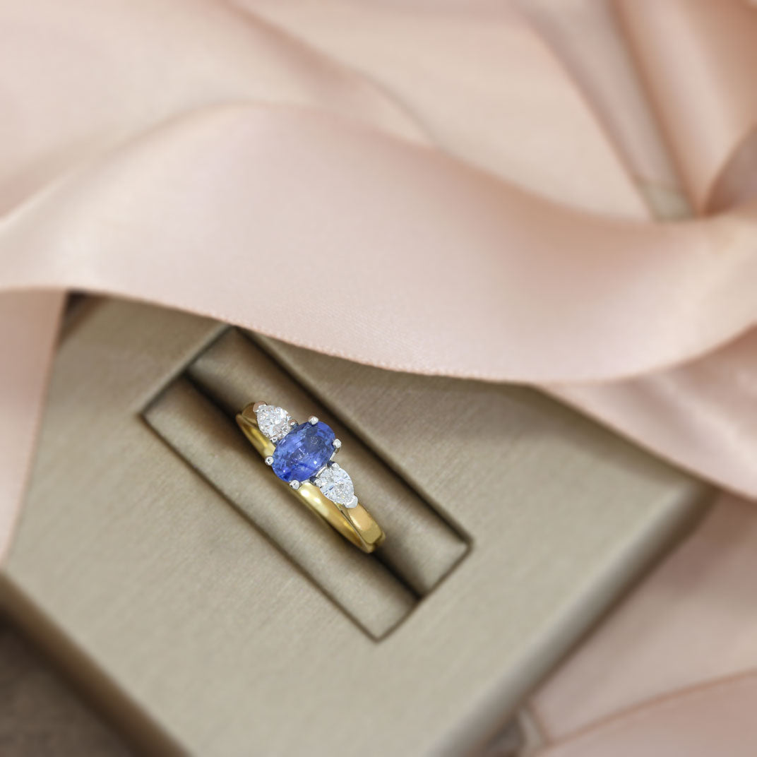 18ct Gold Sapphire & Lab Grown Pear Shaped Diamond 3 Stone Ring