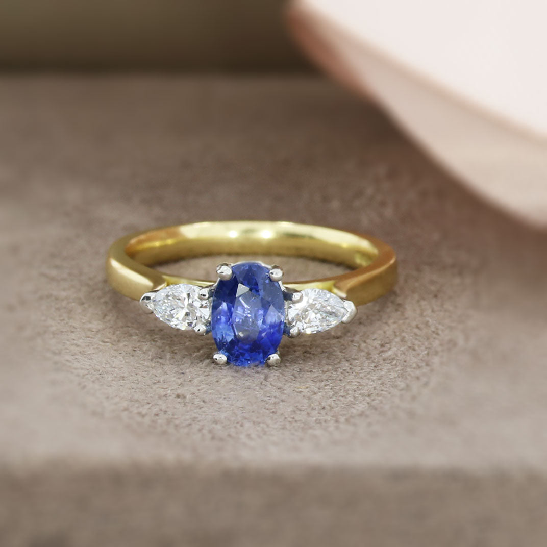18ct Gold Sapphire & Lab Grown Pear Shaped Diamond 3 Stone Ring