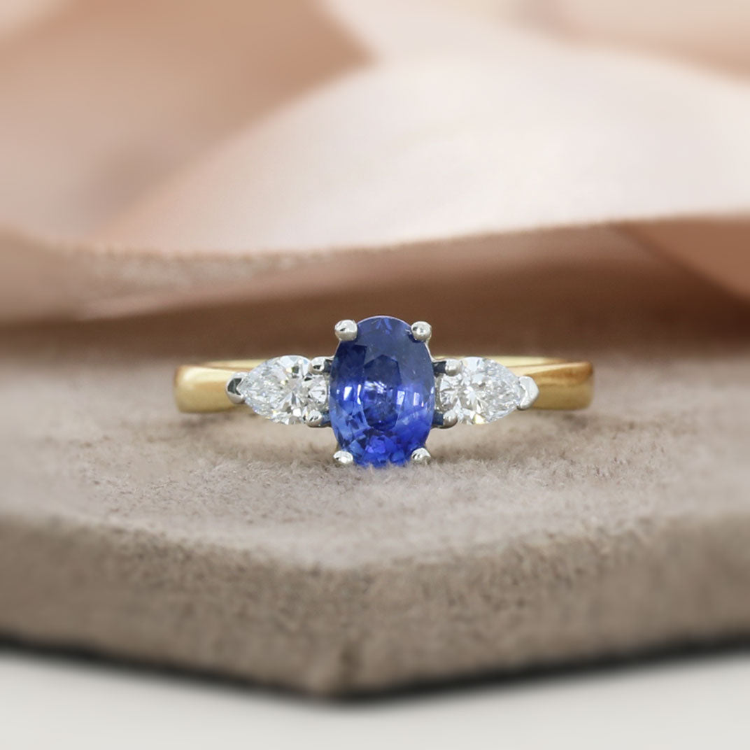 18ct Gold Sapphire & Lab Grown Pear Shaped Diamond 3 Stone Ring