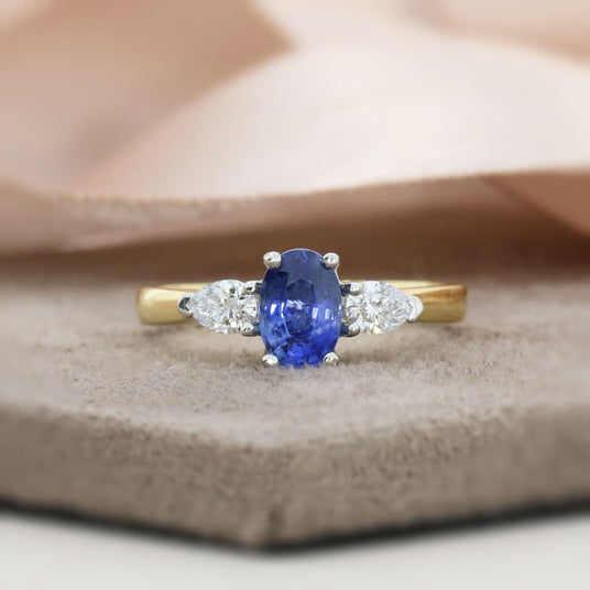 18ct Gold Sapphire & Lab Grown Pear Shaped Diamond 3 Stone Ring