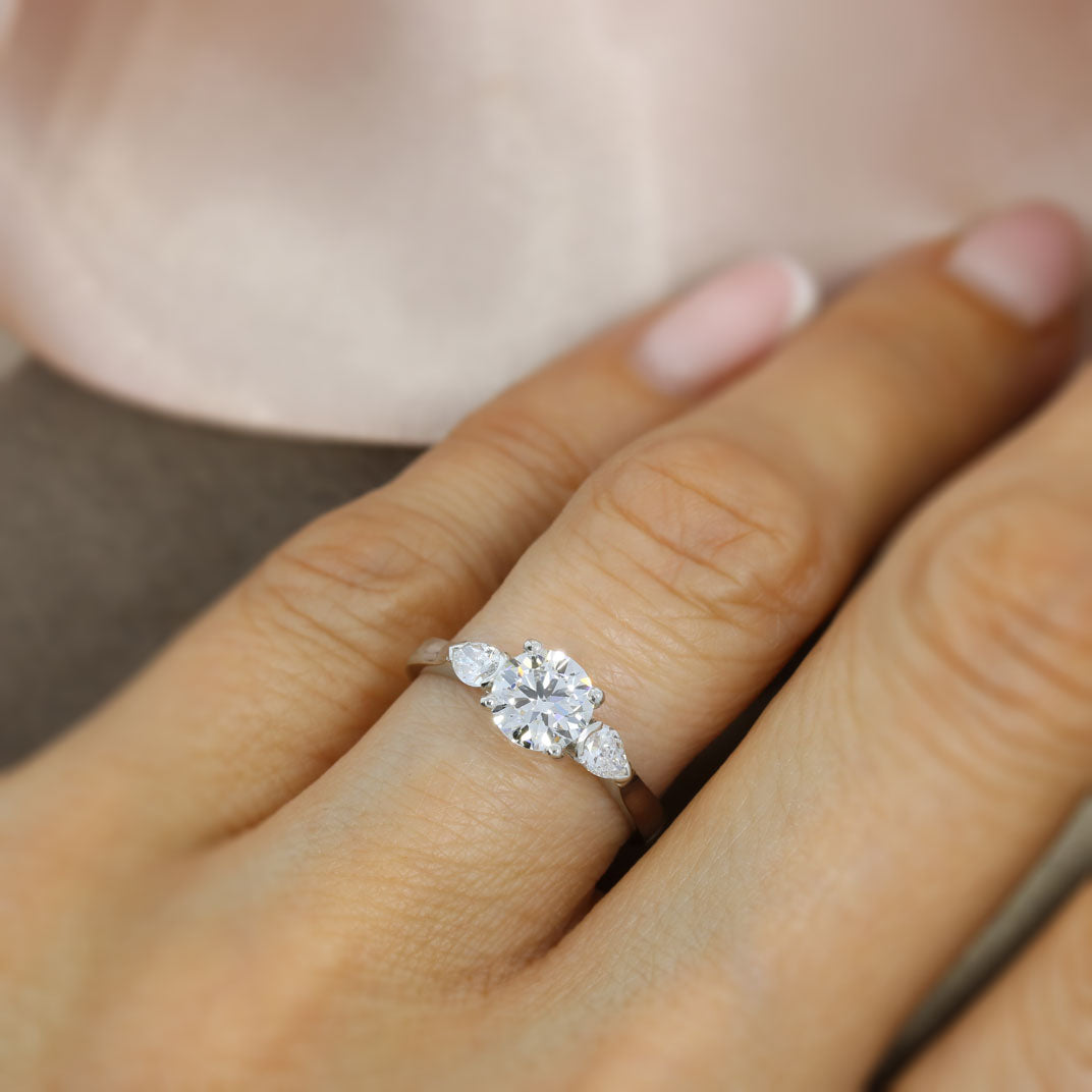 Platinum Brilliant Cut Lab Grown Diamond Ring with Pear Shape Diamond Shoulders Total 1.30ct