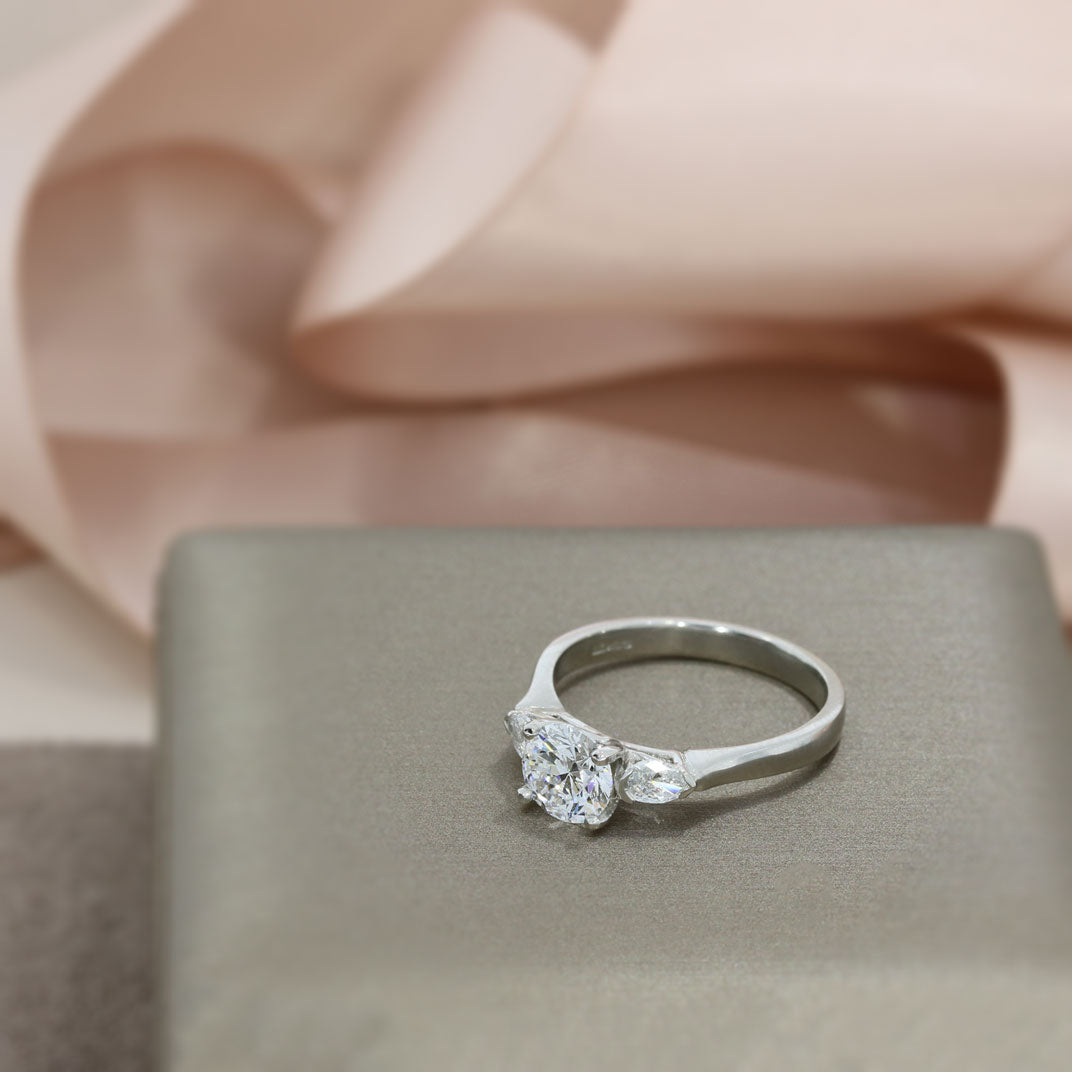 Platinum Brilliant Cut Lab Grown Diamond Ring with Pear Shape Diamond Shoulders Total 1.30ct