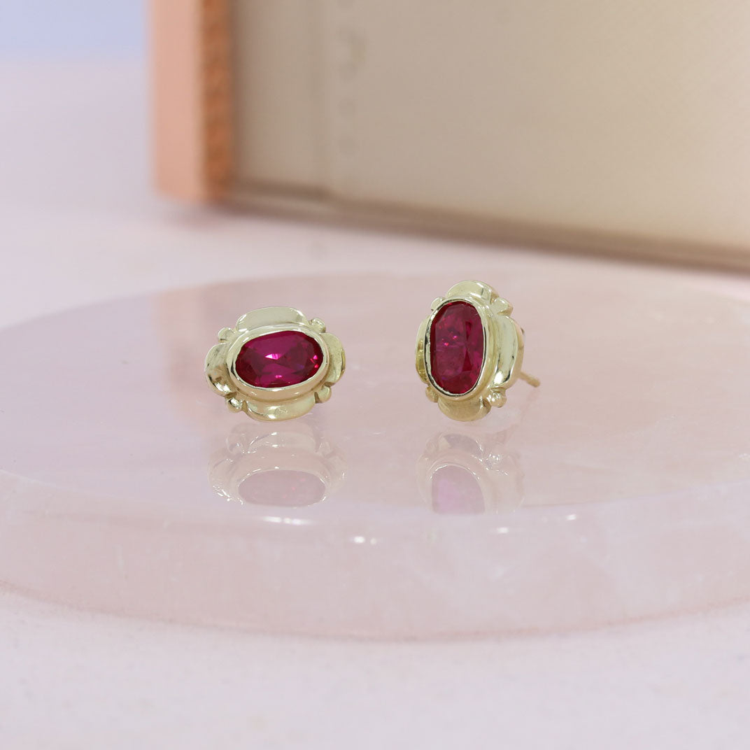 9ct Yellow Gold Oval Synthetic Ruby Stud Earrings