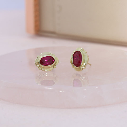 9ct Yellow Gold Oval Synthetic Ruby Stud Earrings