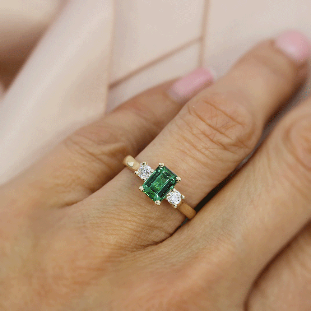 9ct Gold Natural Tourmaline & Lab Grown Diamond 3 Stone Ring