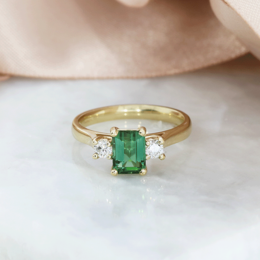 9ct Gold Natural Tourmaline & Lab Grown Diamond 3 Stone Ring