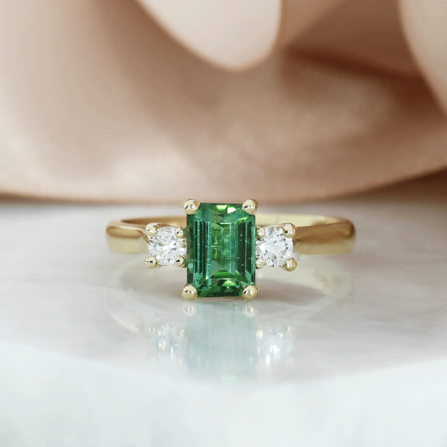 9ct Gold Natural Tourmaline & Lab Grown Diamond 3 Stone Ring