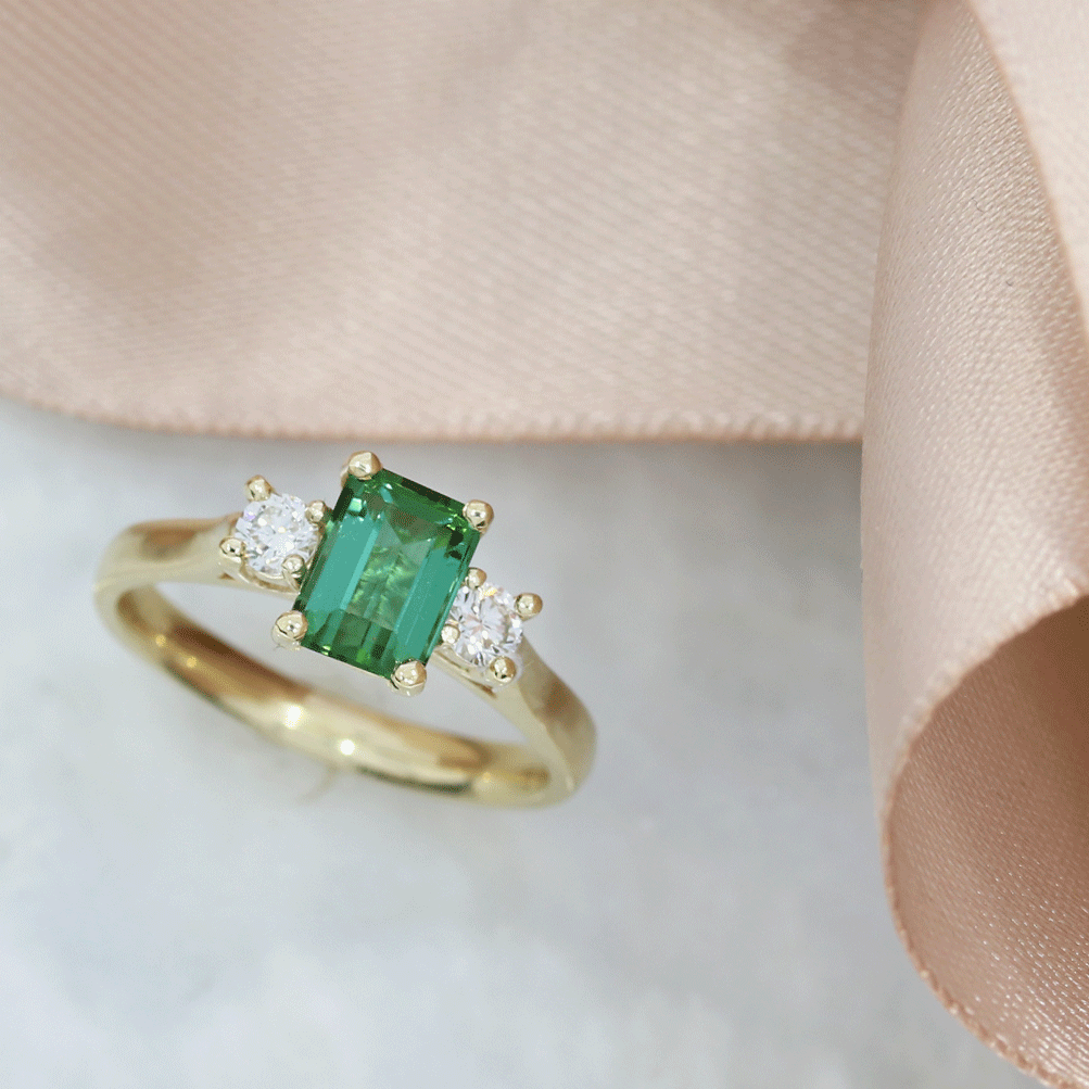9ct Gold Natural Tourmaline & Lab Grown Diamond 3 Stone Ring