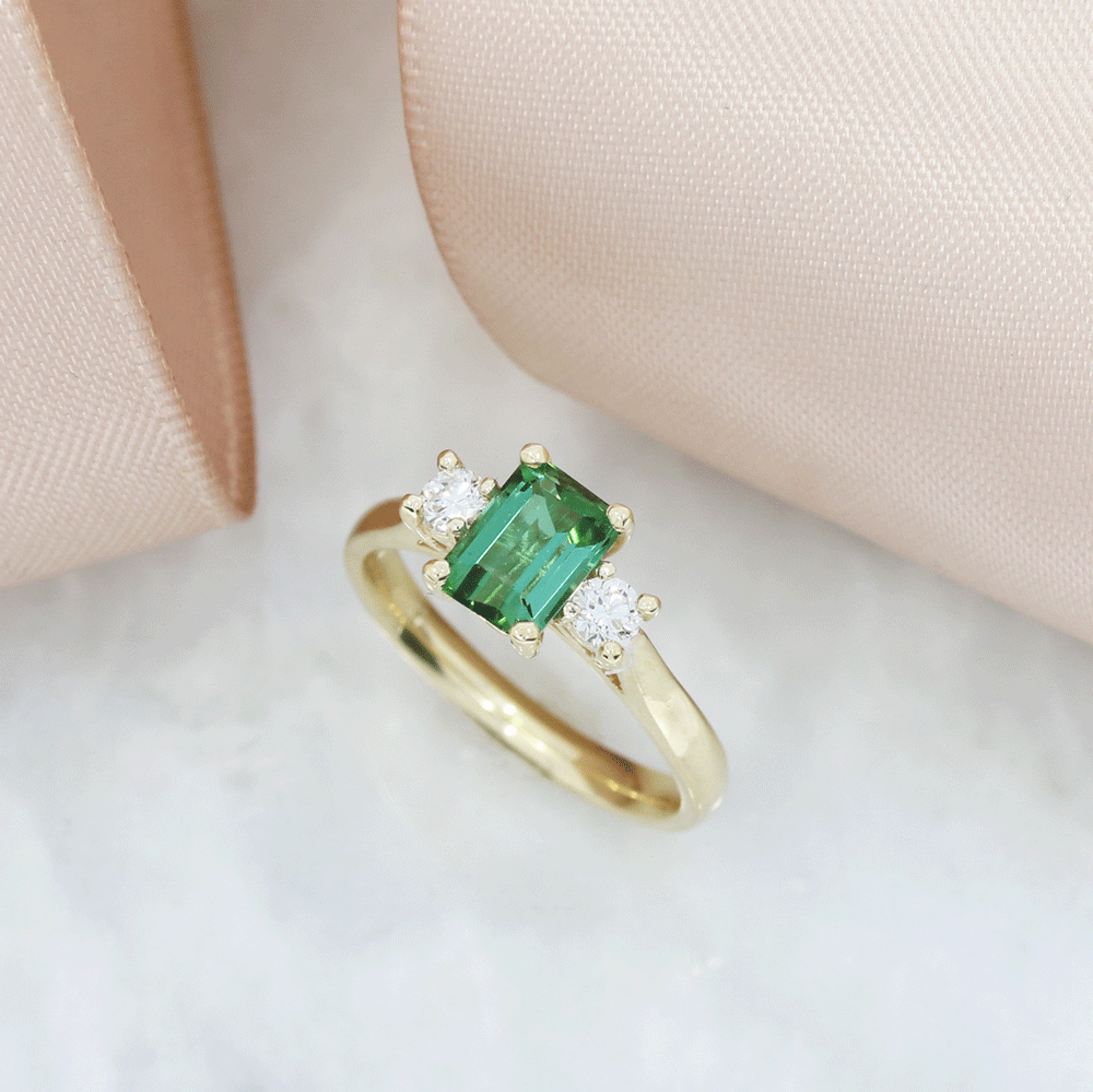 9ct Gold Natural Tourmaline & Lab Grown Diamond 3 Stone Ring
