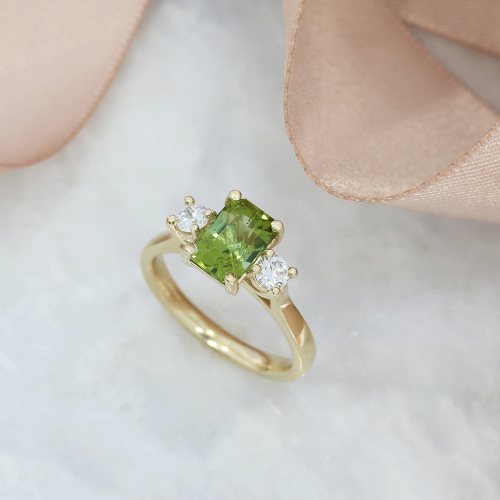 9ct Gold Light Green Tourmaline & Lab Grown Diamond 3 Stone Ring