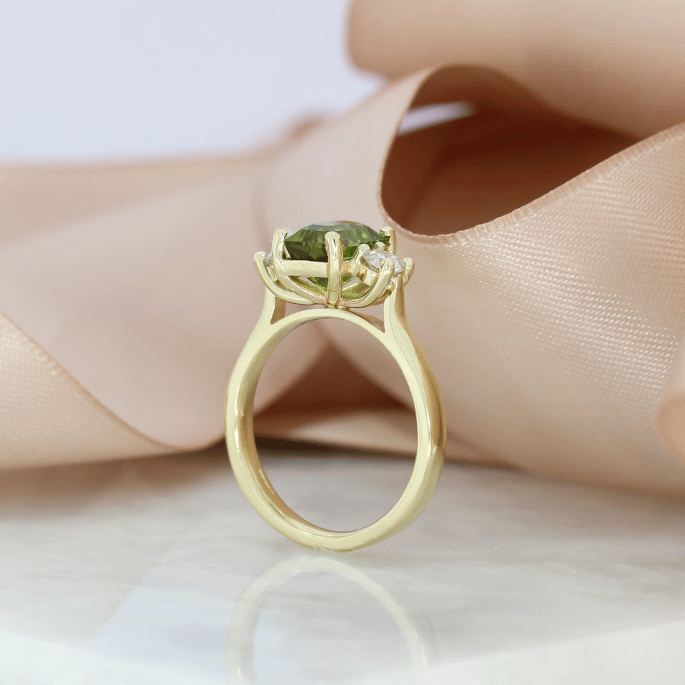 9ct Gold Light Green Tourmaline & Lab Grown Diamond 3 Stone Ring