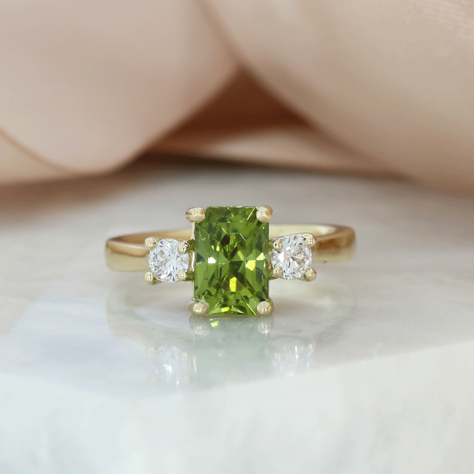 9ct Gold Light Green Tourmaline & Lab Grown Diamond 3 Stone Ring